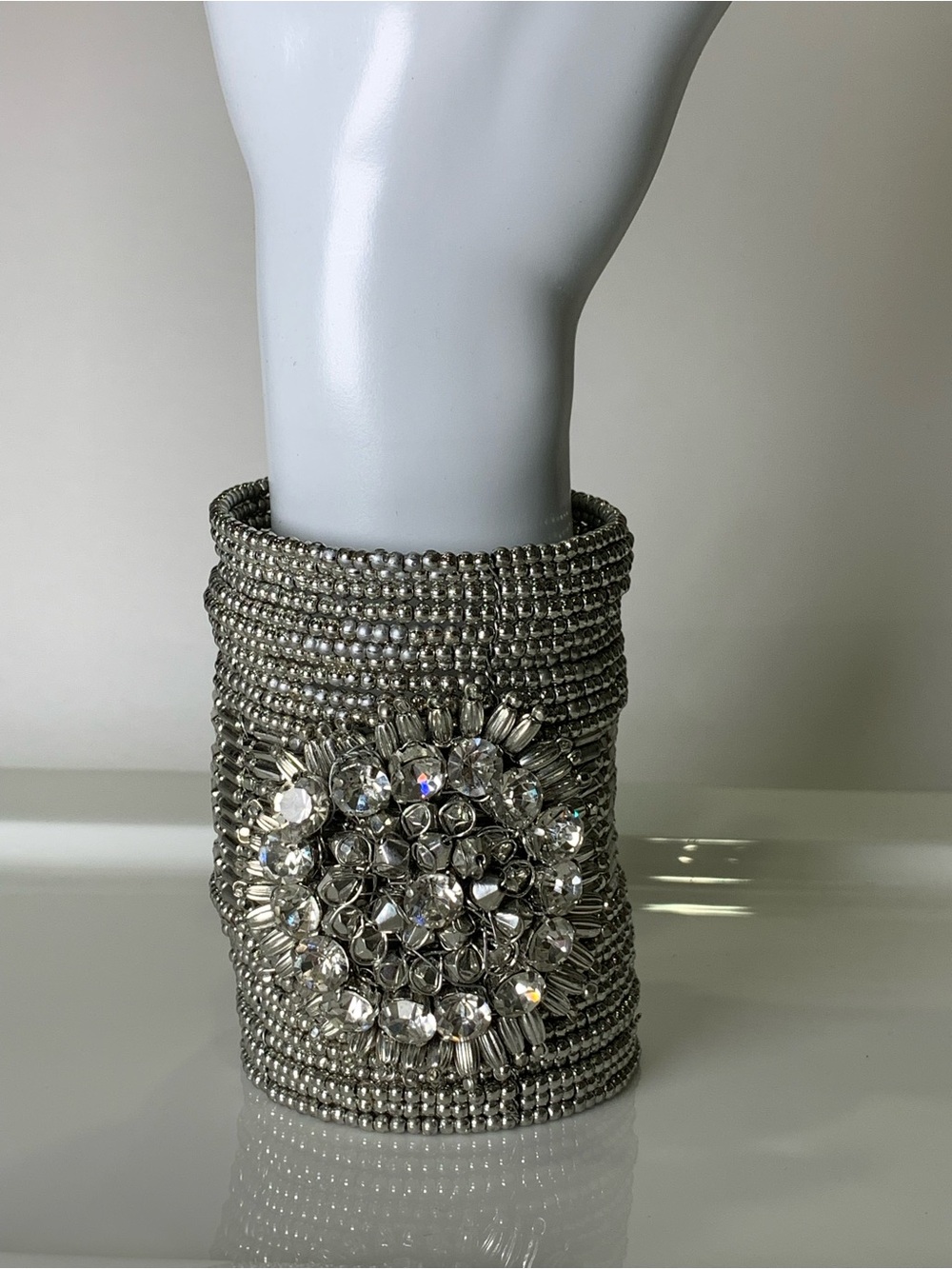 Wide Beaded Wire Wrap Cuff Bracelet with Rhinestone Cluster